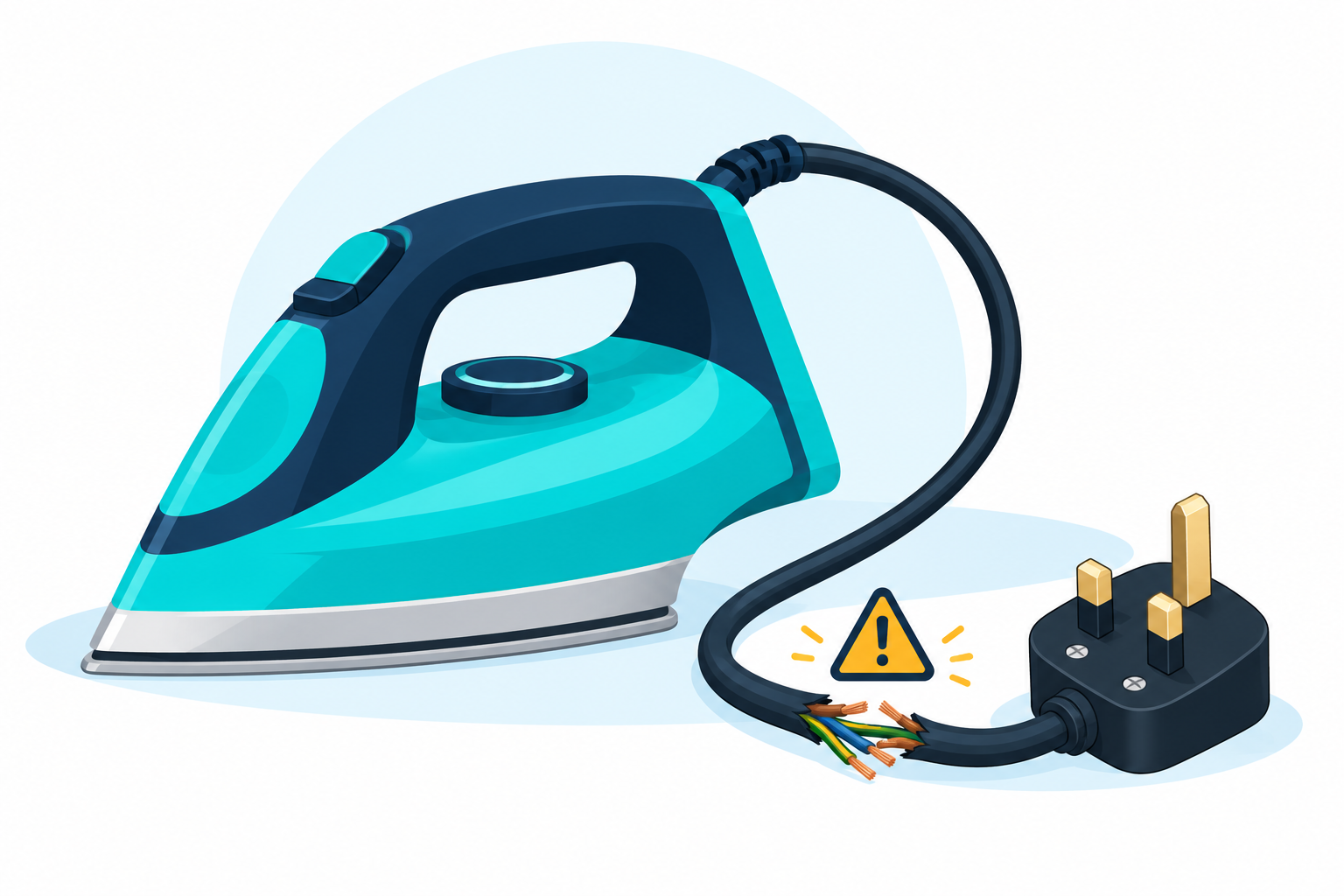 Illustration of a turquoise iron with damaged cable insulation and exposed wires, beside a black UK three-pin plug.