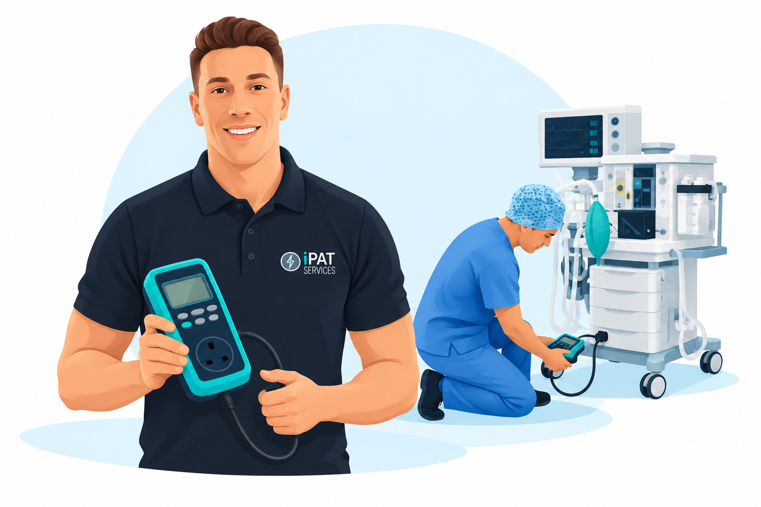 Illustration inspired by the iPAT team: an engineer holding a turquoise PAT tester and an engineer testing equipment in a healthcare setting.